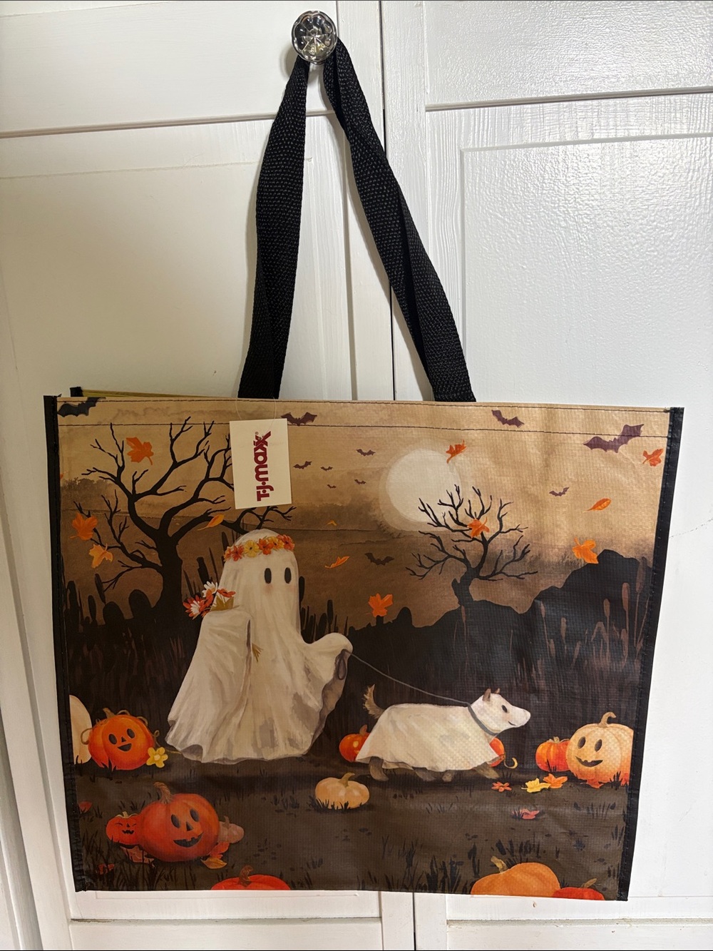 T.J.Maxx Halloween Ghost & Dog Tote Bag - beige, black, orange, white